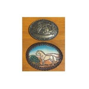 2 Western Belt Buckles, Tooled Leather Horse and Metal Bronc rider Good Cond.